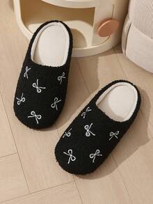 新款刺绣蝴蝶结静音家居拖鞋 - 黑色 - 查看 4