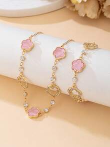 Bộ trang sức nữ gồm 1 chiếc dây chuyền mặt hình cỏ ba lá rỗng màu hồng lãng mạn, tinh tế, sang trọng, cao cấp, ngọt ngào và may mắn; 1 chiếc vòng tay, quà tặng ngày Valentine cho bạn gái. - Hồng - Xem 2