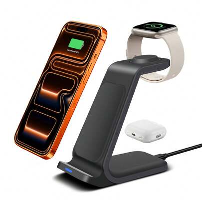 3-in-1-Ladestation, kabelloser Ladeständer, multifunktionale Schnellladestation kompatibel mit iPhone 17 16 15 14 13 12 11 Pro Max kompatibel mit Apple Watch & Ohrhörer, tragbare Ladestation