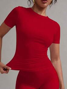 Valentine Outfits For Women2026XLLAIS 2025 Model Black Short Sleeve Crew Neck Solid Color Basic Fitted Casual T-Shirt For Women, Summervalentine's Day  Dress - 鮮紅色 - 查看 1