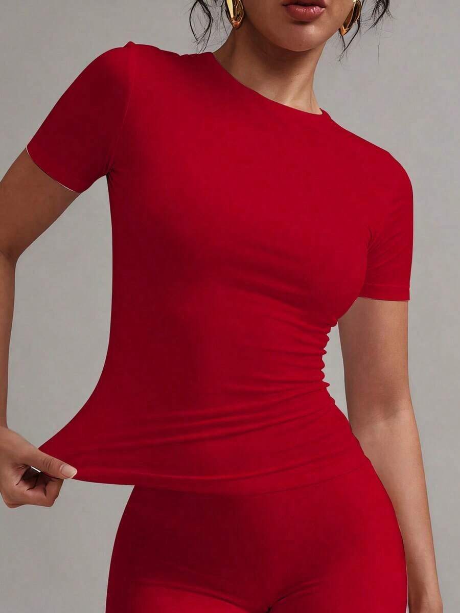 Valentine Outfits For Women2026XLLAIS 2025 Model Black Short Sleeve Crew Neck Solid Color Basic Fitted Casual T-Shirt For Women, Summervalentine's Day  Dress - 鮮紅色 - 查看 1