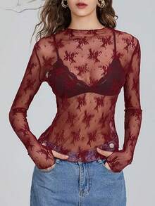 Women's Sheer Lace Mesh Top, Fashionable Slim Fit Long Sleeve Faux Collar Floral Blouse, Casual Outing T-Shirt - 酒紅色 - 查看 3