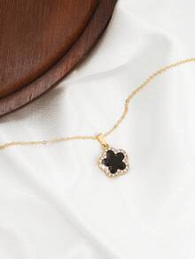 1件时尚微镶水钻幸运四叶草五瓣花吊坠项链，适合日常佩戴、情人节约会、宴会、派对及各种场合。 - 黑色 - 查看 4