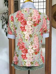 Women's Casual Striped Colorblock Floral V-Neck Button Petal Sleeve Short Sleeve Blouse, Spring/Summer Vacation - Multicolor - View 6