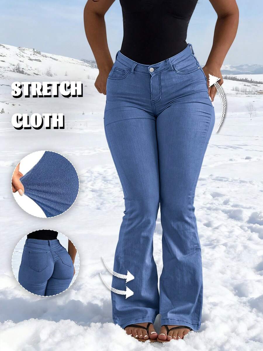 Womens Casual Denim Flare Leg Jeans Long Button Pocket Zipper Medium Stretch - 中等水洗藍 - 查看 1