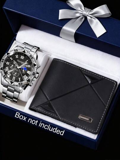 Este set de regalo de reloj de moda de negocios para hombres incluye 2 artículos: un reloj de pulsera multifunción con esfera y correa azules, y una billetera negra. Diseñado con elegancia y excelente calidad, adecuado para el uso diario, reuniones de negocios y diversas ocasiones. Es un regalo pensado para novios o padres, y una opción ideal para cumpleaños, días festivos, Navidad y otros eventos especiales. El uso diario muestra un estilo maduro y constante. Este producto no incluye una caja de exhibición.