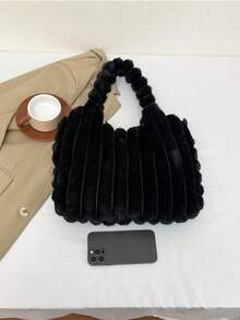 新款毛绒手提包，时尚大容量多功能单肩托特包，柔软可爱大容量单肩包，毛绒包 - 黑色 - 查看 5