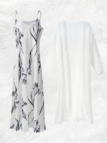 Đầm midi chiffon dáng rộng, cổ chữ V, họa tiết cành lá, dây đeo điều chỉnh được, chất liệu có tay áo cardigan 3/4, phù hợp cho đám cưới, tiệc tùng, mặc hàng ngày, trang phục công sở thoải mái, màu trắng, thích hợp cho kỳ nghỉ xuân. - trắng - Xem 2