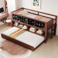 Children's Cabin Bed 90x200, Extendable Bed, With Patterned Chalkboard, Open Storage Space, Access Ladder, Solid Wood Children's Bunk Bed, Mattress Not Included, Brown - Brown + Wood - View 1