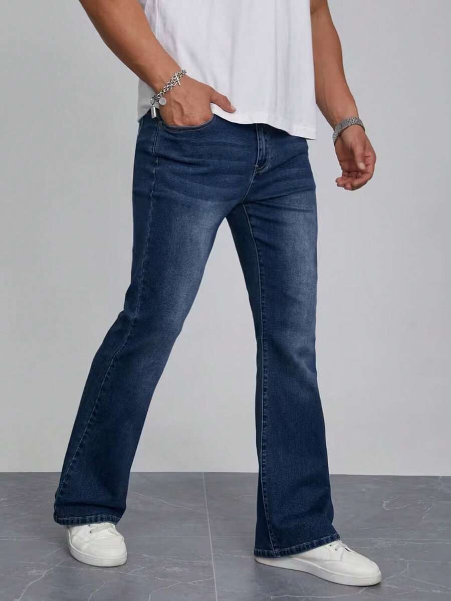 Men's Slim Fit Straight Leg Flare Jeans, Casual, Fashionable, Everyday Wear - Medium Wash - View 1