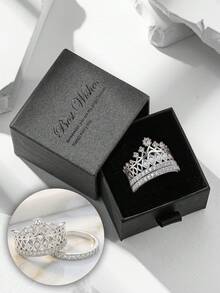 奢华皇冠公主风格戒指镶嵌方晶锆石，适合女性在婚礼、订婚和节日佩戴，可作为礼物 - 銀色 - 查看 16