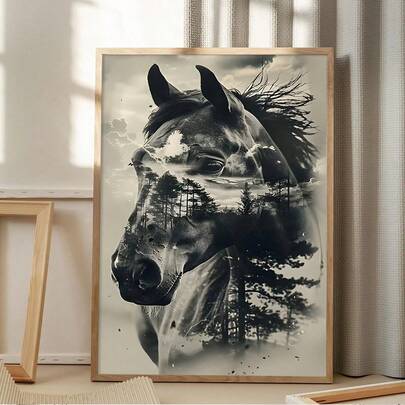1 pieza Póster de arte de pared con diseño de caballo, pintura colgante de animales, impresión de paisaje, imagen vintage en blanco y negro, arte de pared en lienzo para decoración de sala de estar sin marco