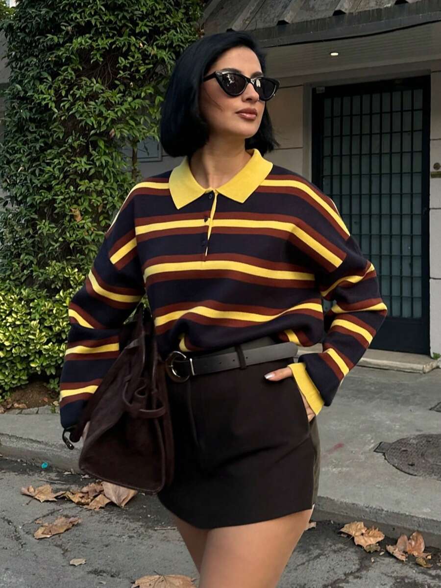 HH Women's Spring Colorblock Striped Knit Pullover, Women's Loose Fit Turtleneck Long Sleeve Sweater, Retro Fashion Top - 黃色 - 查看 1