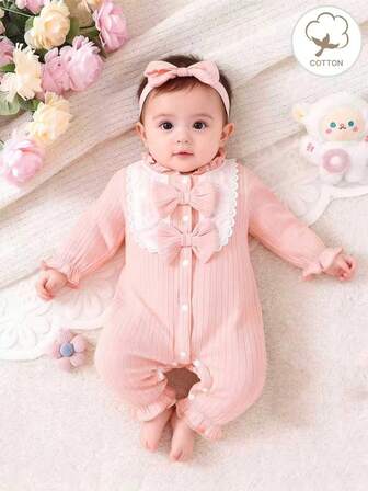 Newborn Baby Girl Knitted Pink Ribbed Cute Ruffle Collar Lace Patchwork Double Bow Snap Button Long Sleeve Jumpsuit With Headband (Suitable For 1st Birthday Gift And Daily Wear)