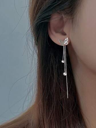 1 Pair S925 Sterling Silver Butterfly Tassel Earrings, Women Long Elegant Earrings That Slim The Face, Gift For Holidays