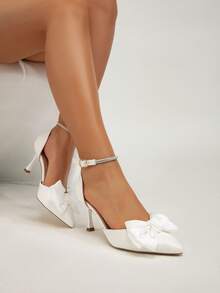 Women's New Fashionable Elegant Minimalist White Bow Pointed Toe Stiletto High Heel Shoes, Suitable For Wedding And Party - White - View 6