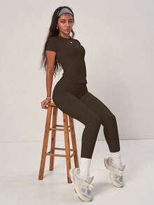 PinkTip Coffee Color Basic Top And Pants Set, High-Waisted Loose Fit, Essential Casual And Workout Piece For Summer - Coffee Brown - View 5