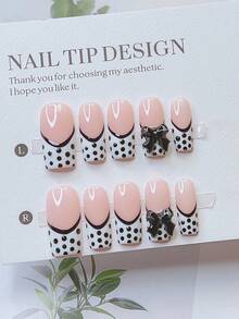 10片Y2K风管道形美甲贴片套装 - 手工制作，粉色、黑色、白色法式美甲，手绘黑色波点法式美甲设计，黑色蝴蝶结装饰，精致可爱 - 适合派对和休闲装扮，是送给女性和女孩的完美节日礼物，DIY美甲，美甲套装及美甲用品 - 彩色 - 查看 3