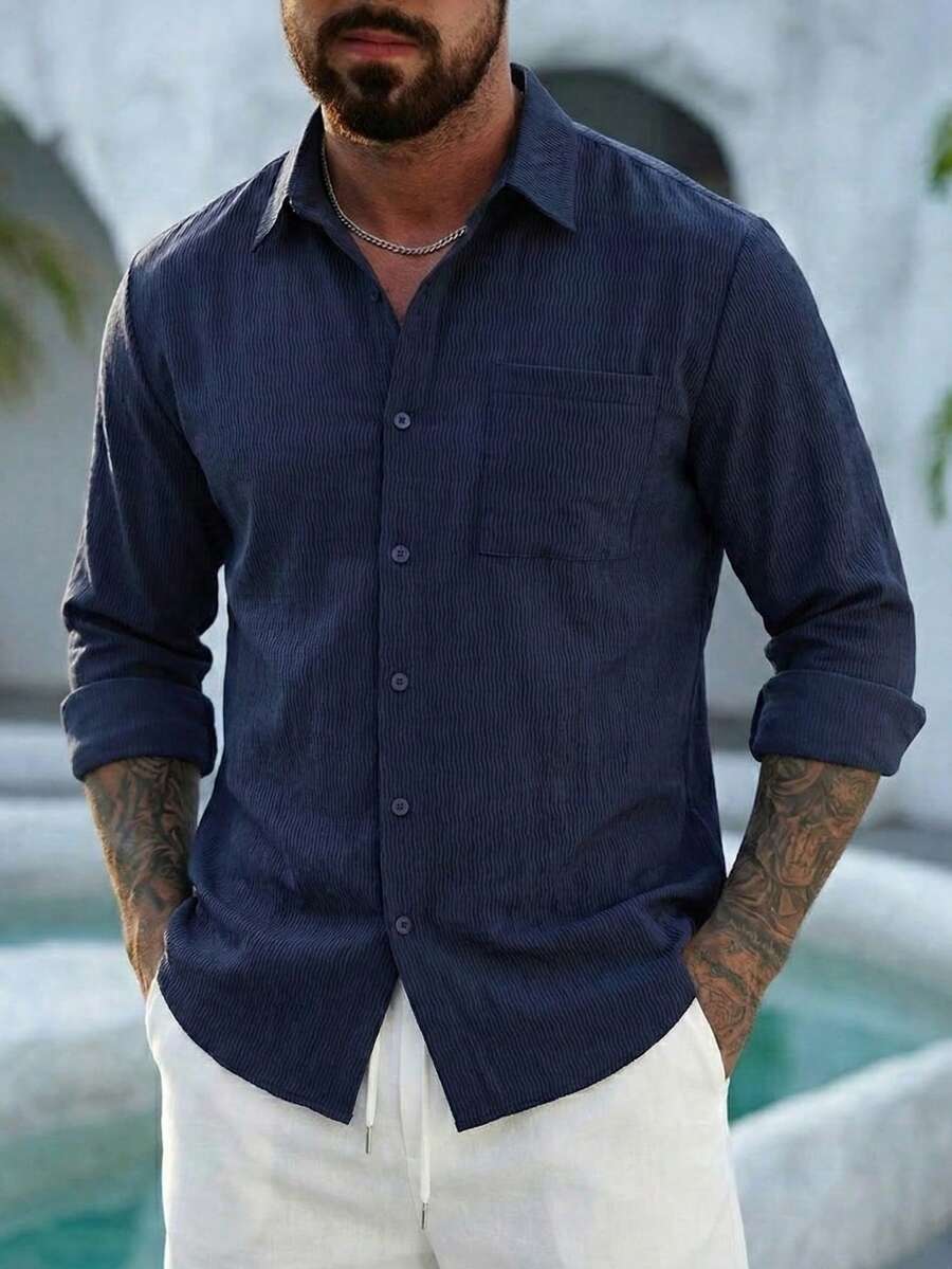 Áo sơ mi nam LOOKUN kẻ sọc, màu trơn, kiểu dáng cổ điển, thời trang tối giản, công sở, thường ngày, đi nghỉ mát, tay dài, cổ bẻ, dáng rộng, thích hợp cho mùa xuân/thu. - Xanh đậm - Xem 1