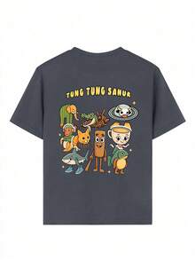 男童休闲趣味印花圆领短袖T恤，夏季 - 深灰色 - 查看 3