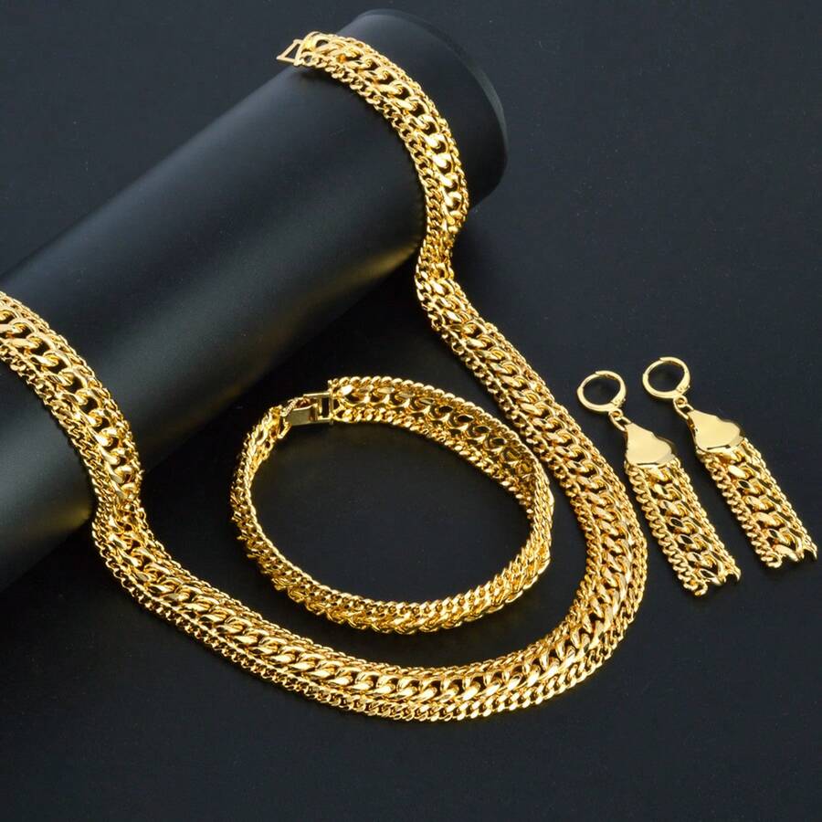 3pcs Luxury 18K Gold Plated Interwoven Necklace Bracelet Earrings Gold Fashion Jewelry Set Punk Hip Hop Style Versatile Chain Women Daily Party Wear - Vàng - Xem 1