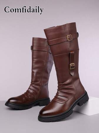 Men's New Fashion Leather Patchwork Casual Motorcycle Boots, Solid Color Buckle Outdoor High-Top Boots, Winter