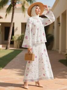 穆斯林女装，女士夏季优雅气质长袖套装 - 白色 - 查看 3