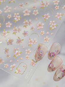 1pc Chinese Mother-Of-Faux Pearl Pink Floral Enchanting Blooming Petals Sparkling Flowers Press-On Nail Stickers 5D Nail Art Botanical Elegant Oriental Self Adhesive Nails For Women's Sophisticated DIY Manicure Decals Nail Supplies - Multicolor - View 3