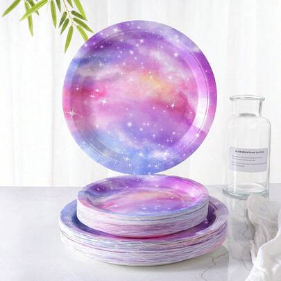 7-Inch & 9-Inch Disposable Party Paper Plates, Purple Starry Sky Print Party Supplies, Party Dessert Paper Plates, Disposable Paper Plates Suitable For Birthday, Celebration, Party Decorations