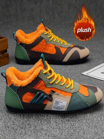 Men's Snow Boots Winter Plush Lined Plus Size 46 Casual Loafers, Faux Leather Patchwork Fashion Versatile Plush Lined Casual Sneakers, Comfortable Lightweight Men's Winter Flat Shoes Mid-Top Ankle Support Warm Boots