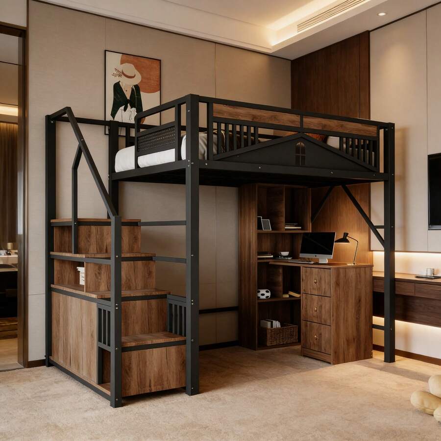 Kids Bed Frames, Headboards & Footboards - Black + Metal & Wood + 140cm*200cm-2 - View 1
