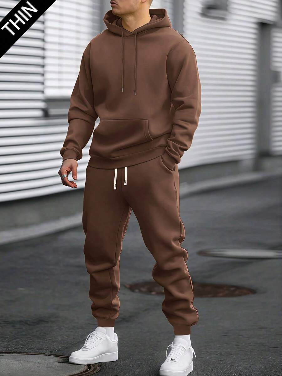 Men's Lightweight Hooded Sweatshirt And Drawstring Waist Pants Set, Solid Color Basic Style, Fashion Casual Outfit For Spring/Autumn, Suitable For Husband/Boyfriend Gift, Street, Commute, Outdoor Activities, Vacation - Coffee Brown - View 1
