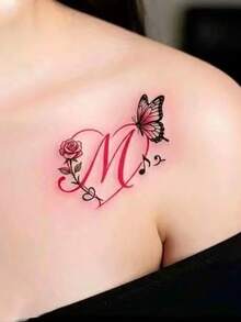 Waterproof, Sweat-Resistant, And Washable. This Romantic Red-Toned Niche Sweet And Cool Letter Decorative Temporary Tattoo Sticker, Featuring Rose And Butterfly Elements, Can Be Used On The Shoulder, Back, And Collarbone. - Multicolor - View 4