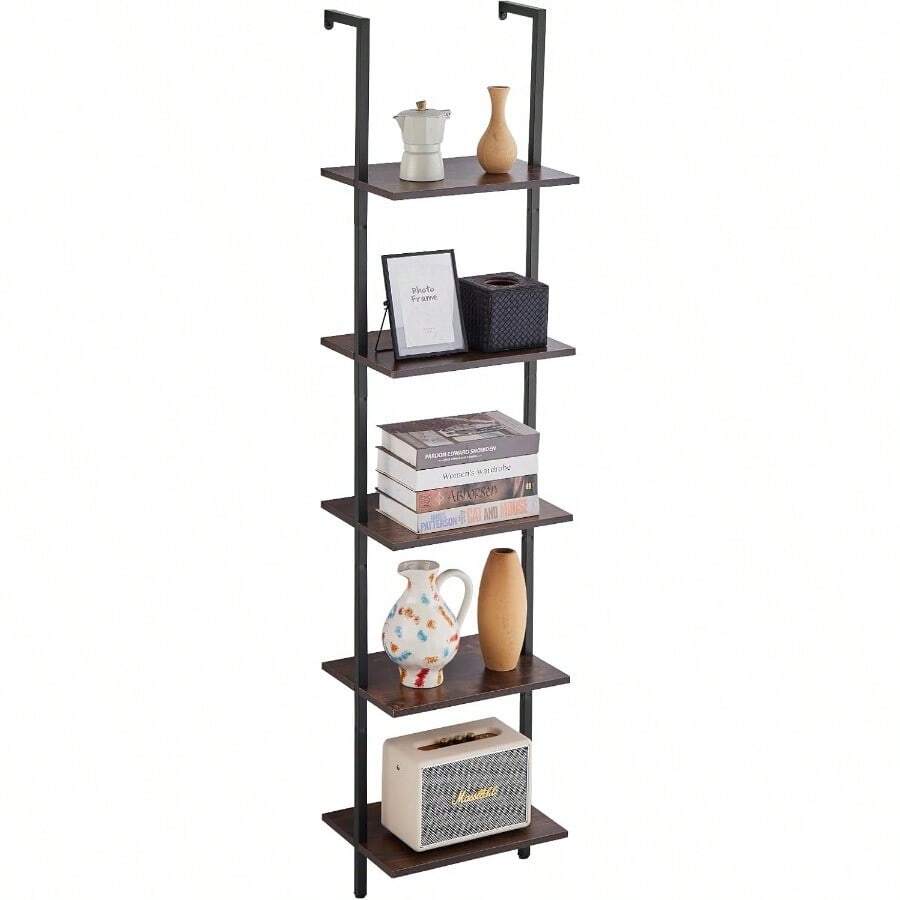 Ladder Shelf 5-Tier Bookshelf 15.6x11.8in Open Wall-Mounted Ladder Shelf With Metal Frame Storage Rack Sundries Holder For Kitchen Bedroom Bathroom Living Room Black - As Pic - View 1