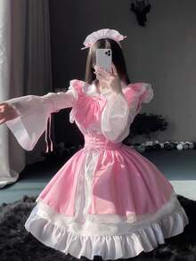 1pc Japanese Lolita Maid Costume, Sweet & Cute Outfit Set For COSPLAY, Role-Playing, Suitable For Parties, Performances, Balls, Includes Dress + Apron - Multicolor - View 3