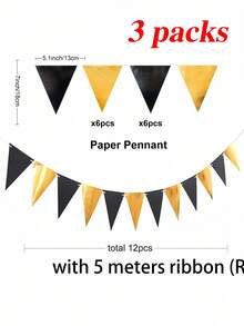 12 件/包黑色和金色派对装饰三角旗，适用于生日派对、婚礼装饰、节日庆典、单身派对、房间装饰 - 黑色 - 查看 6