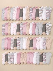 20双随机颜色条纹爱心图案儿童运动短袜，柔软轻盈低帮无缝袜，四季皆宜，舒适百搭，纯色袜，船袜，女童袜 - 彩色 - 查看 9