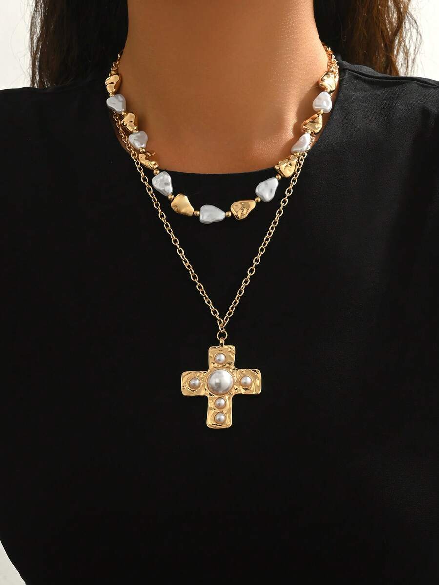 Bộ 2 chiếc/bộ dây chuyền hạt CCB vàng đa năng tối giản và ngọc trai giả, mặt dây chuyền thánh giá đính đá thanh lịch, thích hợp đeo hàng ngày và dự tiệc. Chiều dài dây có thể tùy chỉnh. - Nhiều màu - Xem 1