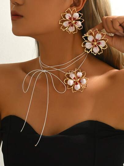 3pcs/Set Fashionable & Elegant Colorful Floral Necklace & Earrings Jewelry Set, Luxurious Alloy Flower Stud Earrings And Necklace Suit, Suitable For Women's Daily Wear, Dates, Vacations, Parties, Can Be Given As Gifts To Friends