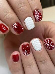 24pcs Cute Square Press On Fake Nails Red And White Short Nail White Snowflake Fake Nails Christmas Nails - Multicolor - View 1