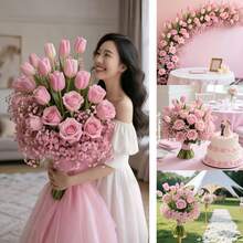 52PCS Bouquet Of Artificial Pink Roses, Tulips, And Baby Breath Is Perfect For Indoor And Outdoor Wedding Decorations, Bridal Bouquets, Home Bedroom Decor, And Pink-Themed Room Decor. It's Also Suitable For Living Room, Kitchen, And Dining Table Decorations, Office DIY Flower Arrangements