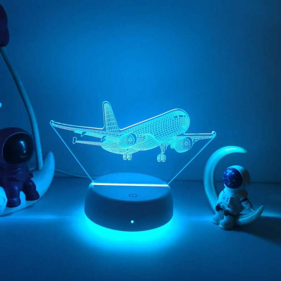 1 قطعة ضوء ليلي زخرفي بتأثير بصري ثلاثي الأبعاد بشكل طائرة، خيارات 7 ألوان، مفتاح لمس، قاعدة بيضاء، مصباح مكتبي/سرير صغير، هدية رائعة للأصدقاء