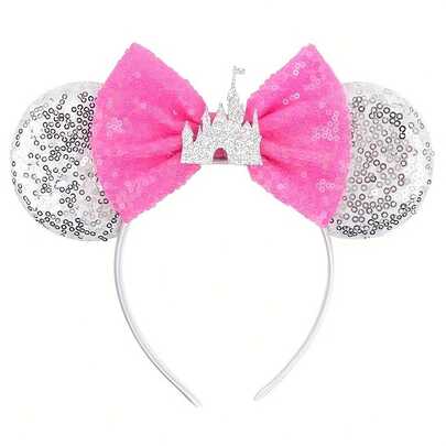  1pc Cute Disney Inspired Glitter Castle Theme Big Ear Headband, Pink, Women/Girls Disneyland Park Decor Hair Accessory, Student Party/Cosplay Headpiece