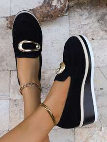 2025 New Stylish Round Toe Platform Thick Sole Casual Slip-On Loafers, Comfortable & Versatile, Contrast Color Trim, Metal Buckle, Suitable For Pants, Daily Wear For Women - Black - View 5