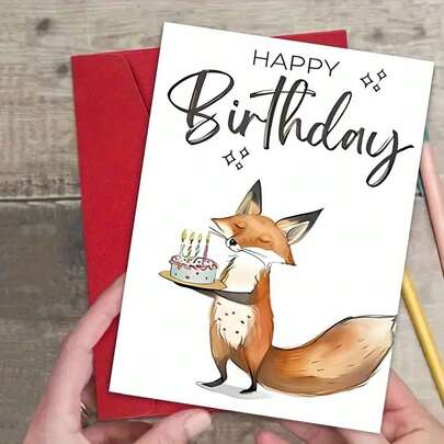 1pc Happy Birthday Fox With Cake Card Greeting Card With Envelope Adorable Animal Illustration Holding Festive Candle Cake Perfect For Expressing Warm Celebration And Affection, Great For Friends, Colleagues, And Romantic Partners