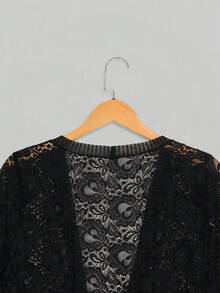 Yukiwi Plus Size Women's Solid Color Lightweight Open Front Lace Jacket Vacation Spring Black - Black - View 6