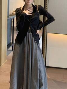 Y6Y 新款春季多扣设计黑色修身显瘦长袖T恤和短款针织开衫两件套 - 黑色 - 查看 6