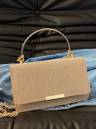 Women's Metal Handbag, Fashion Shiny Crossbody Chain Small Square Bag For Party And Gathering