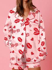 Women's Valentine's Day Pajamas Set Heart Bow Print Button Up Long Sleeve Lapel Tops And Shorts Lounge Wear 2 Pcs Set - Multicolor - View 3