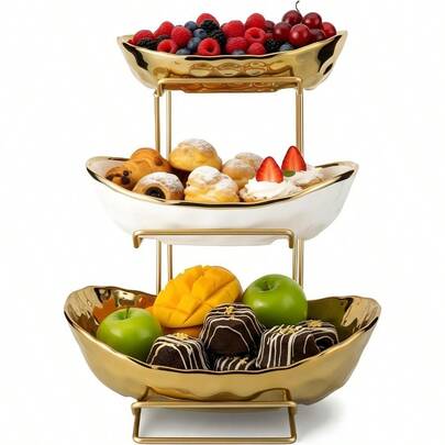 3 Tier Fruit Bowl Fruit Bowl For Kitchen Counter With Ceramic Fruit Basket Home Fruit Rack With Holder Vegetable Bowl Snacks Nuts Bread Candy Storage Gold